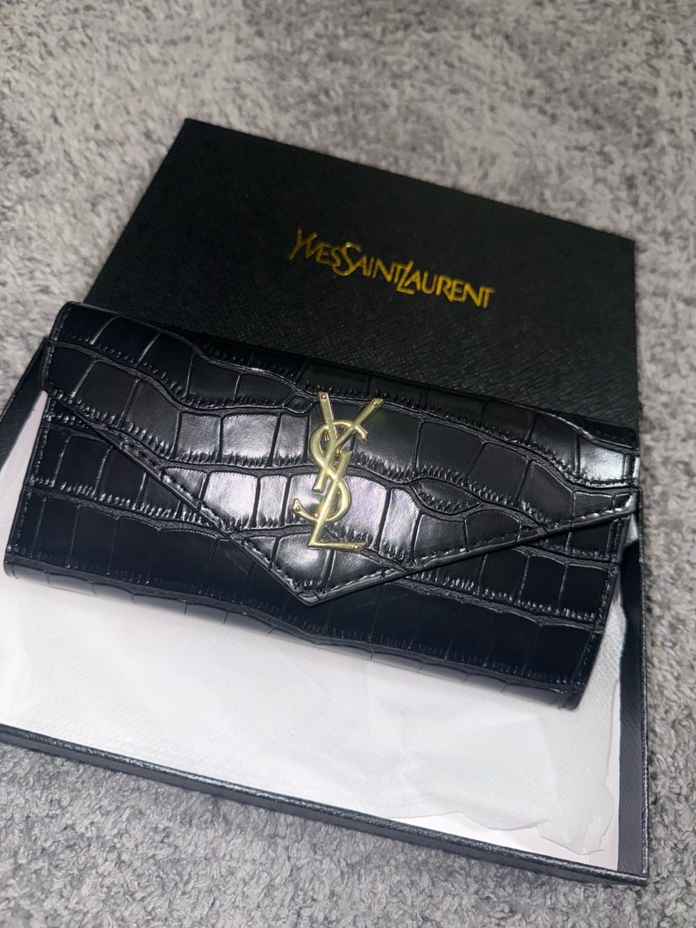 Black Croc-Embossed Envelope Wallet with Gold YSL Emblem